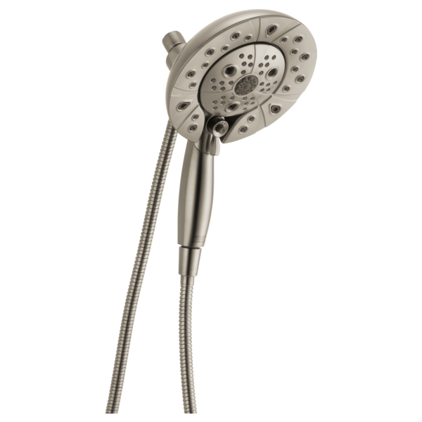 Brushed nickel round shower head with multiple spray holes, handheld wand, and flexible hose connection.