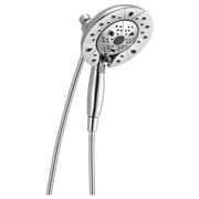Chrome two-in-one shower head and handheld sprayer with multiple spray jets and flexible hose.