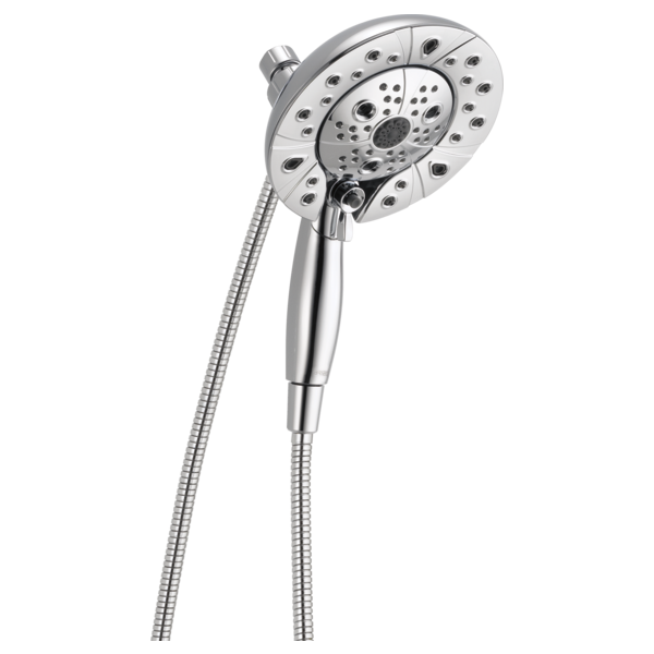 Chrome two-in-one shower head and handheld sprayer with multiple spray jets and flexible hose.