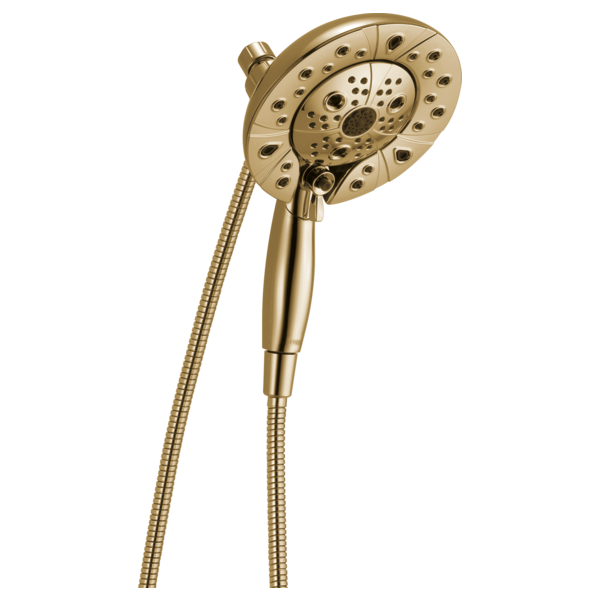 Round brass showerhead with multiple spray holes and handheld shower connected by flexible hose.