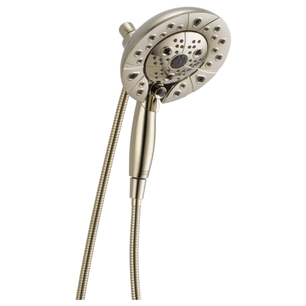 Round brushed nickel showerhead with multiple spray holes and handheld shower head connected by flexible hose.
