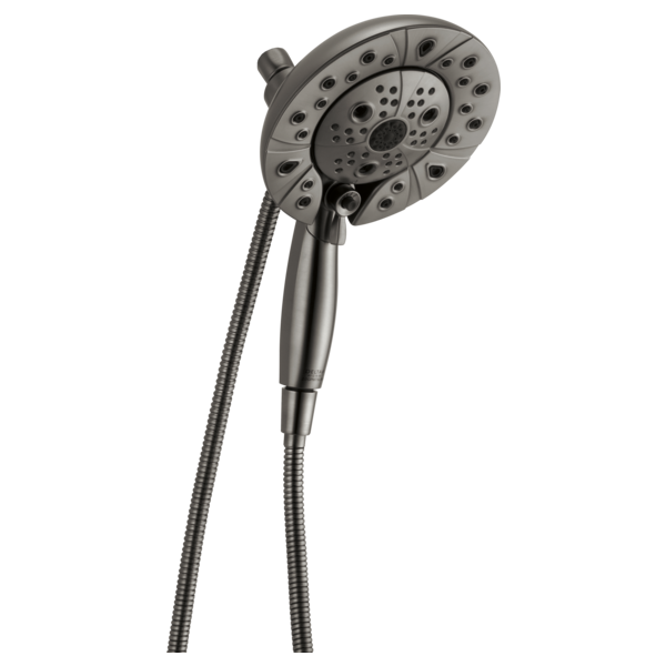 Dual round showerhead with multiple spray jets and handheld shower wand connected by flexible hose in brushed nickel finish.