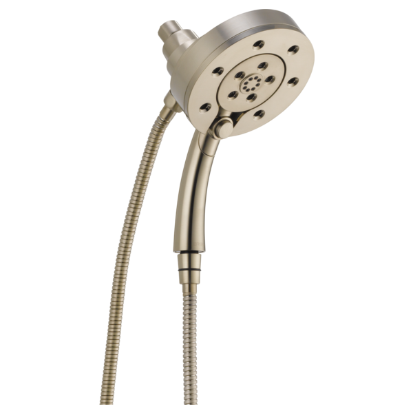 Brushed nickel two-in-one shower head with handheld wand and flexible hose attachment.