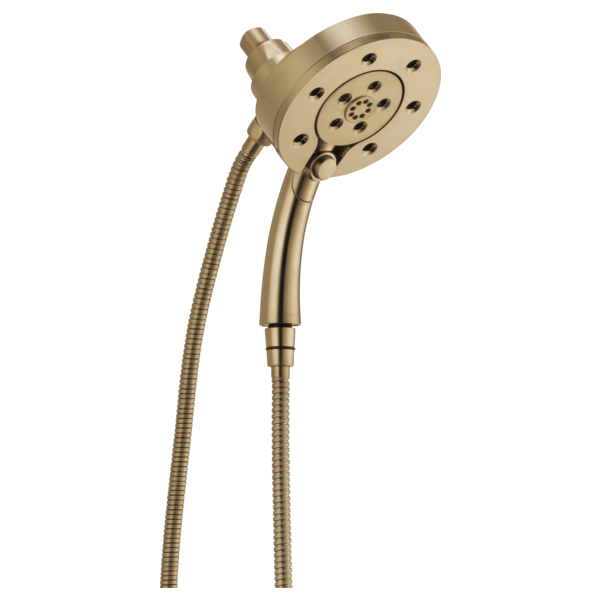 Champagne bronze two-in-one showerhead with round design, flexible hose, and multiple spray jets.