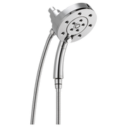 Chrome two-in-one shower head with round fixed head and handheld wand connected by flexible hose.