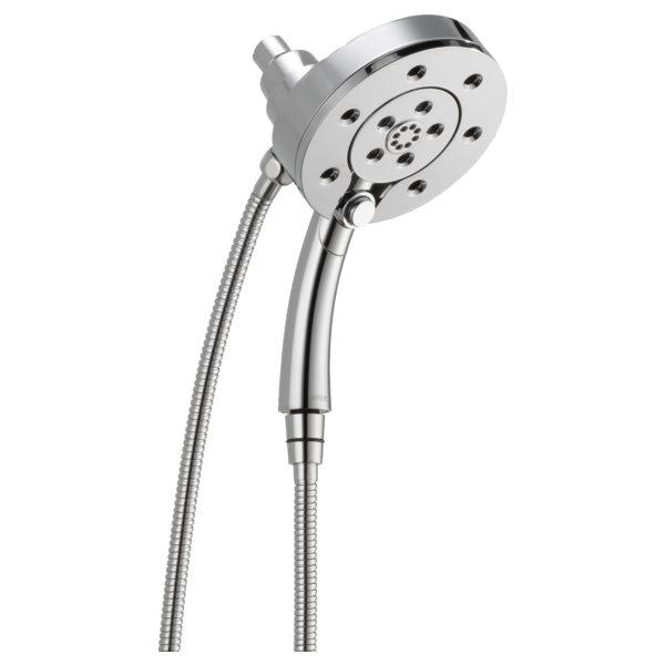 Chrome two-in-one shower head with round fixed head and handheld wand connected by flexible hose.