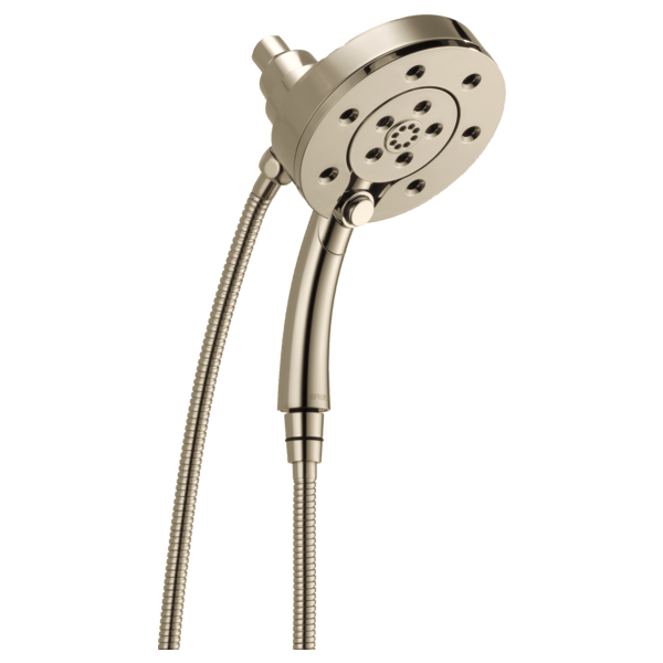 Brushed nickel round showerhead with multiple spray holes and attached handheld shower on flexible hose.