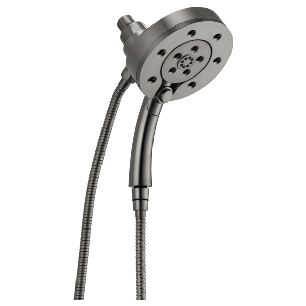 Chrome two-in-one shower head with round face and adjustable handheld wand connected by flexible hose.