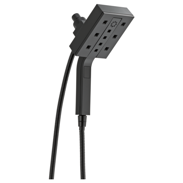 Black square shower head with multiple water jets and attached flexible hose.