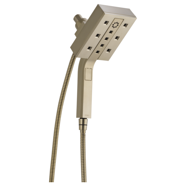 Square brushed nickel showerhead with multiple spray jets and handheld wand with hose attachment.