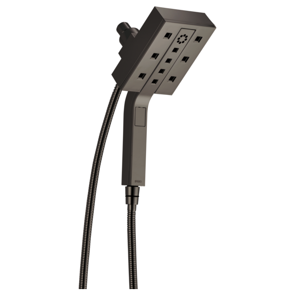 Square matte black shower head with multiple jets and attached flexible hose with handle grip.