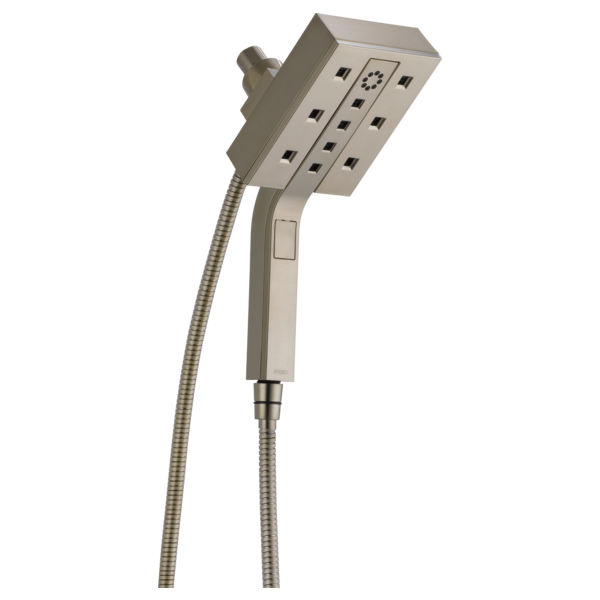 Square brushed nickel showerhead with multi-function nozzles and handheld wand with flex hose.
