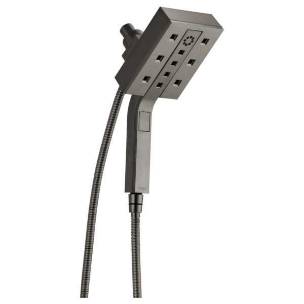Square brushed nickel showerhead with multiple spray jets and detachable handheld wand with hose connection.