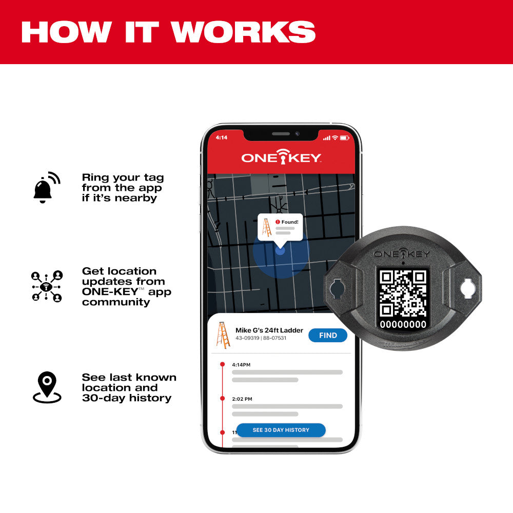 Milwaukee ONE-KEY Bluetooth tracking tag with QR code displayed next to smartphone app interface showing location features.