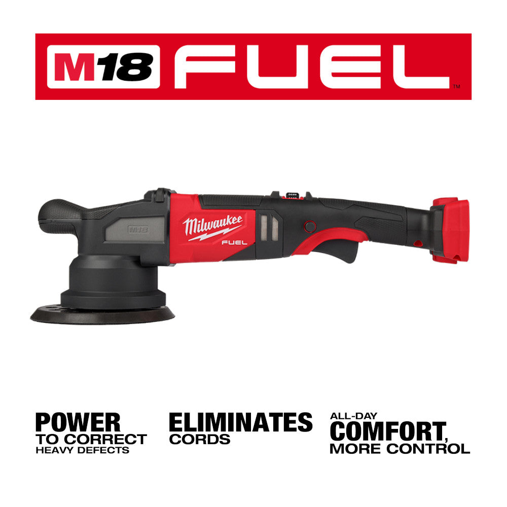 Milwaukee M18 FUEL random orbital polisher with red and black body, circular sanding pad, and grip handle.