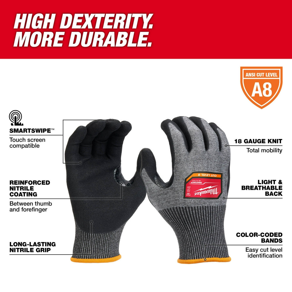 Black and gray nitrile-dipped work gloves with orange trim and ANSI A8 cut level rating displayed on palm and back.