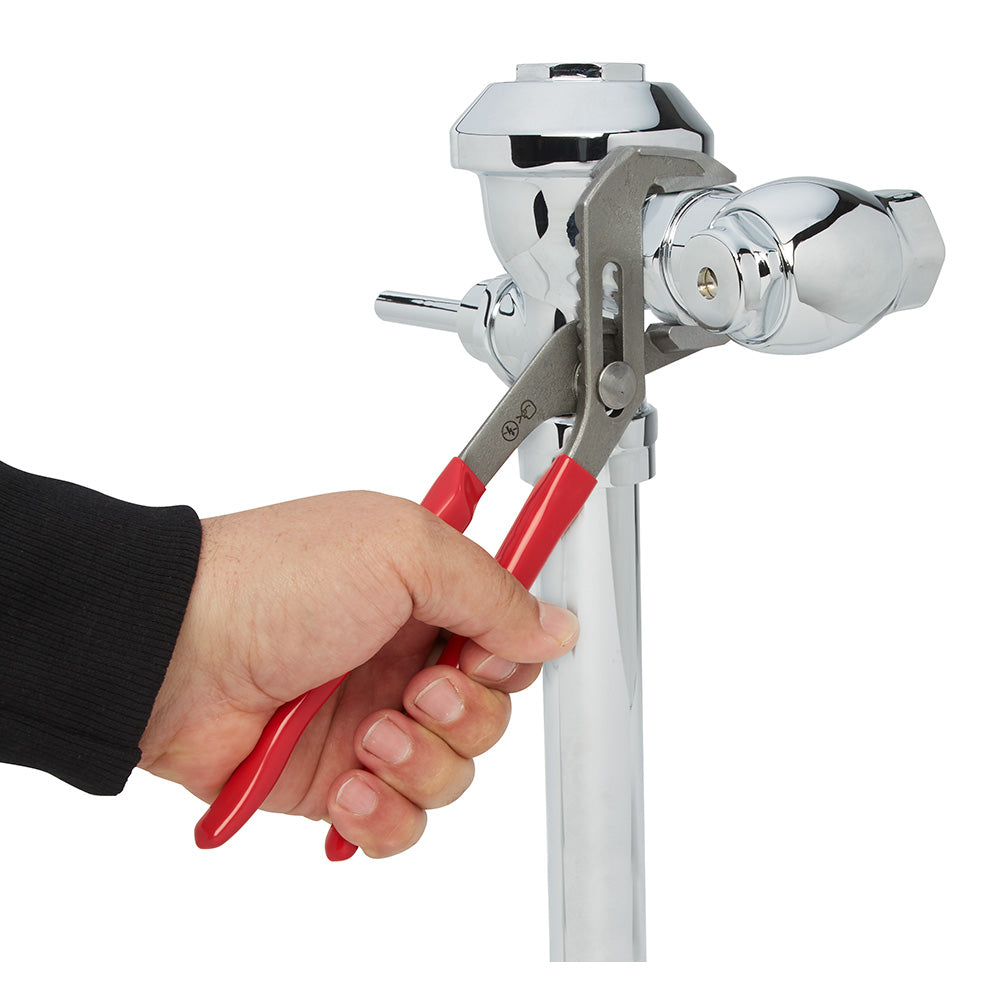 10-inch smooth jaw plier wrench with red handles held in hand, showing chrome head and adjustment mechanism.