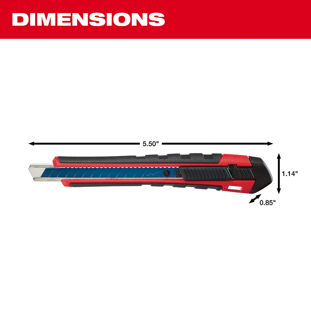 Red and black snap-off utility knife with dimensions marked as 5.50" length, 1.14" height, and 0.85" depth.