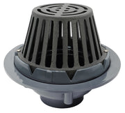 PVC roof drain with gray base, cast iron dome strainer top featuring radial slots and circular openings for water drainage.