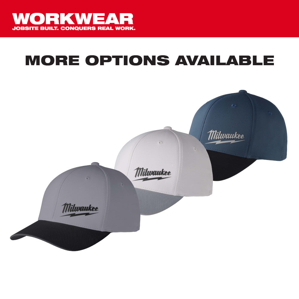Three Milwaukee WORKSKIN fitted hats in gray, white, and blue colorways with black bills and embroidered logos.