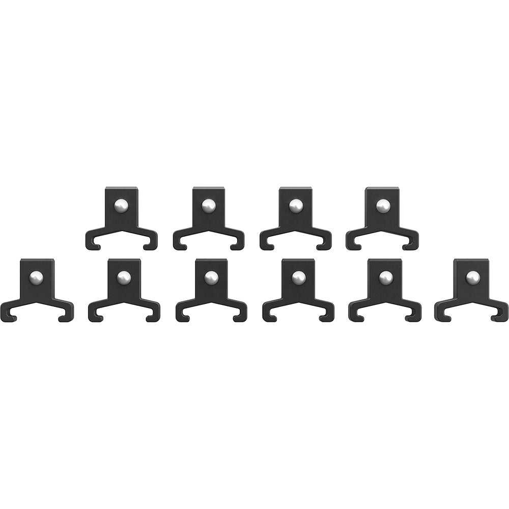 Ten black metal socket rail clips with mounting holes and curved prongs for organizing 3/8" drive sockets.