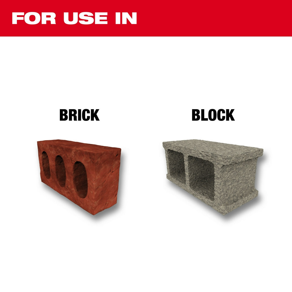 Milwaukee 9 inch diamond grit SAWZALL blade shown next to brick and block materials it cuts.