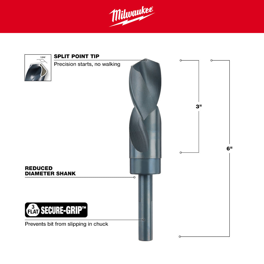 Black oxide 1-1/8 in. drill bit with split point tip, reduced diameter shank, and secure-grip design.