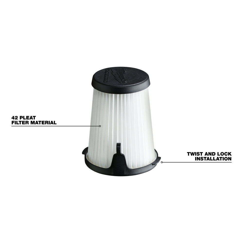 Cylindrical dry filter with white pleated material, black top cap, and black base with twist-and-lock connection.