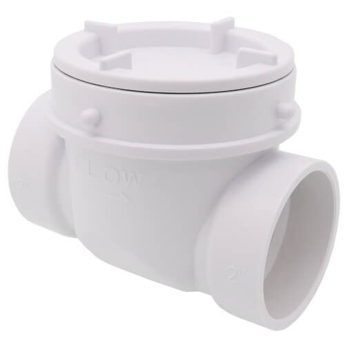 White PVC backwater valve with 2 inch inlet and outlet ports, featuring removable lid and internal flapper mechanism.