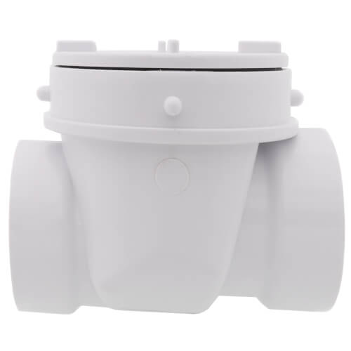 White PVC backwater valve with 2-inch slip connections on sides and top-mounted inlet port.