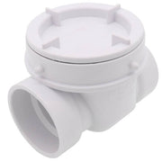 White PVC backwater valve with 2-inch slip connection and removable top access cover.