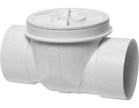 White PVC backwater valve with 6-inch slip-fit connections and hinged flapper lid.
