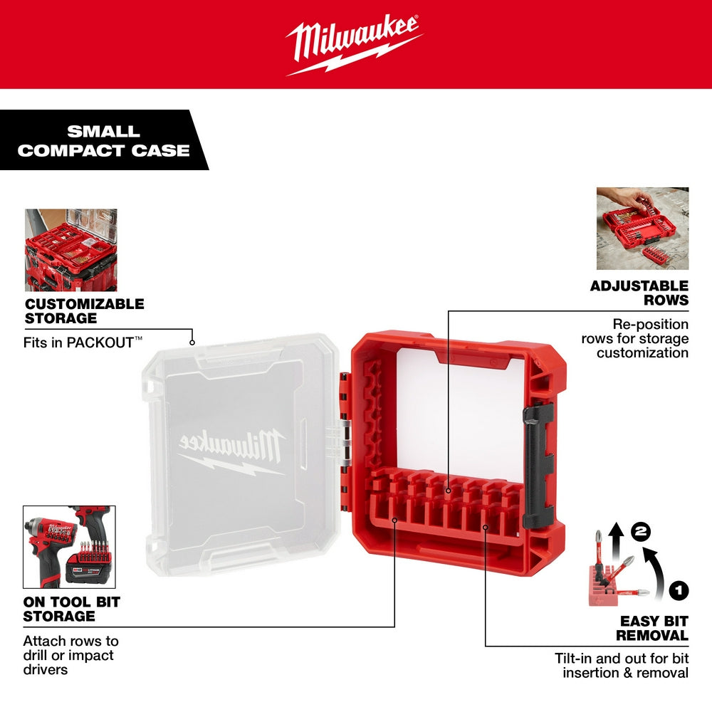Red compact storage case with adjustable rows and black handles for organizing impact driver bits and accessories.