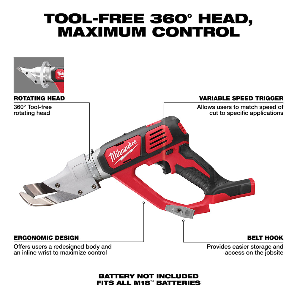 Milwaukee M18 cordless shear with red and black body, rotating cutting head, variable speed trigger, and belt hook.