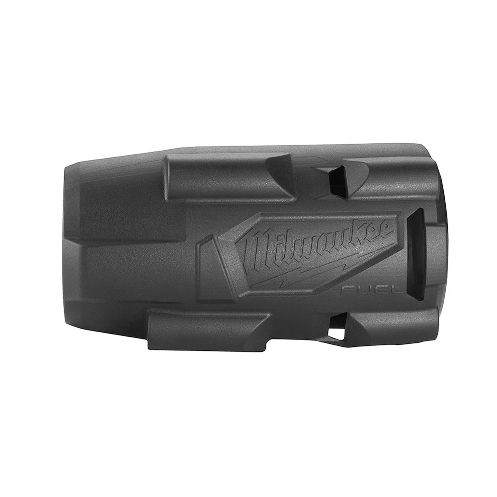 Black protective rubber boot for Milwaukee M18 FUEL mid-torque impact wrench with molded Milwaukee branding and mounting slot