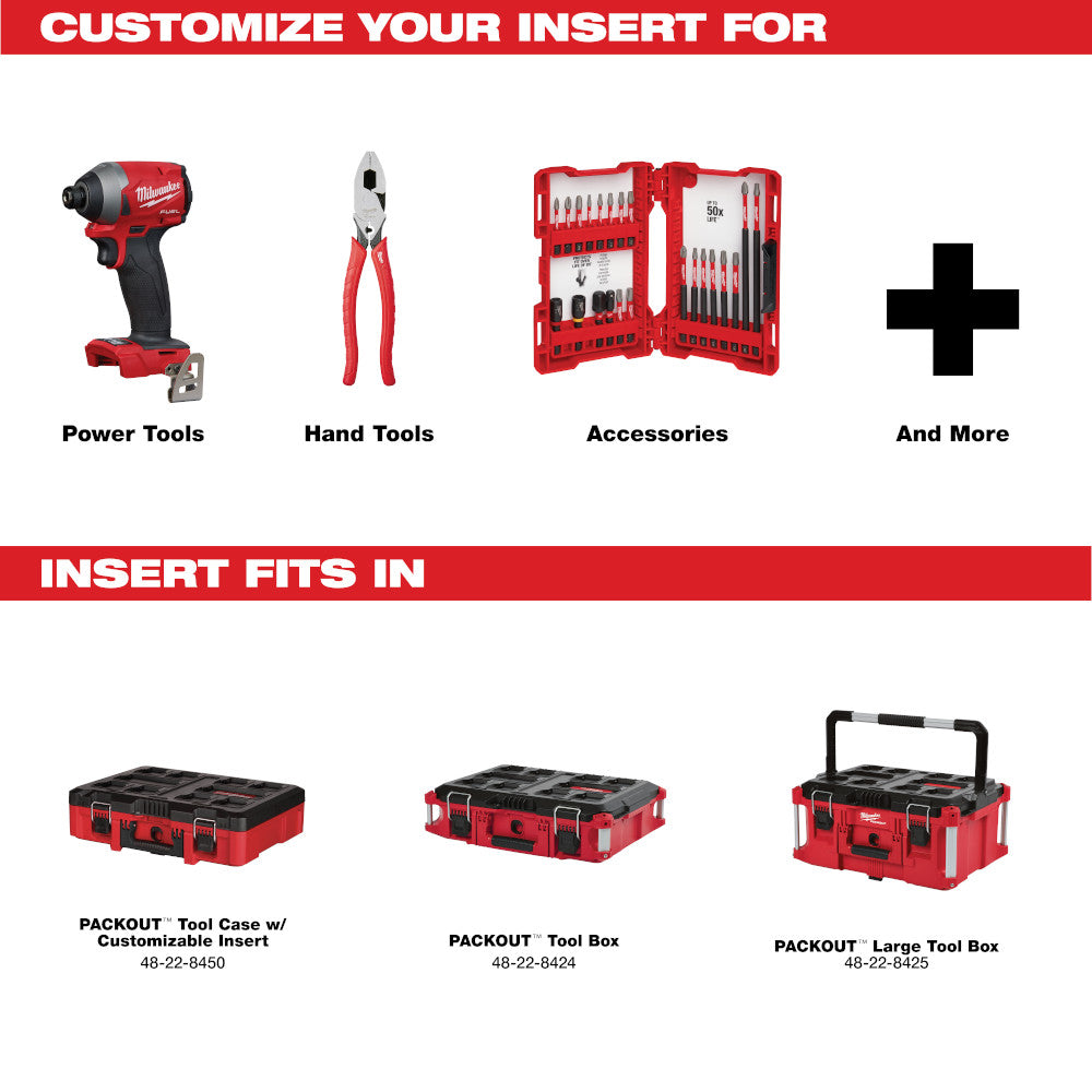 Black foam insert with customizable compartments for organizing power tools, hand tools, and accessories in Milwaukee PACKOUT