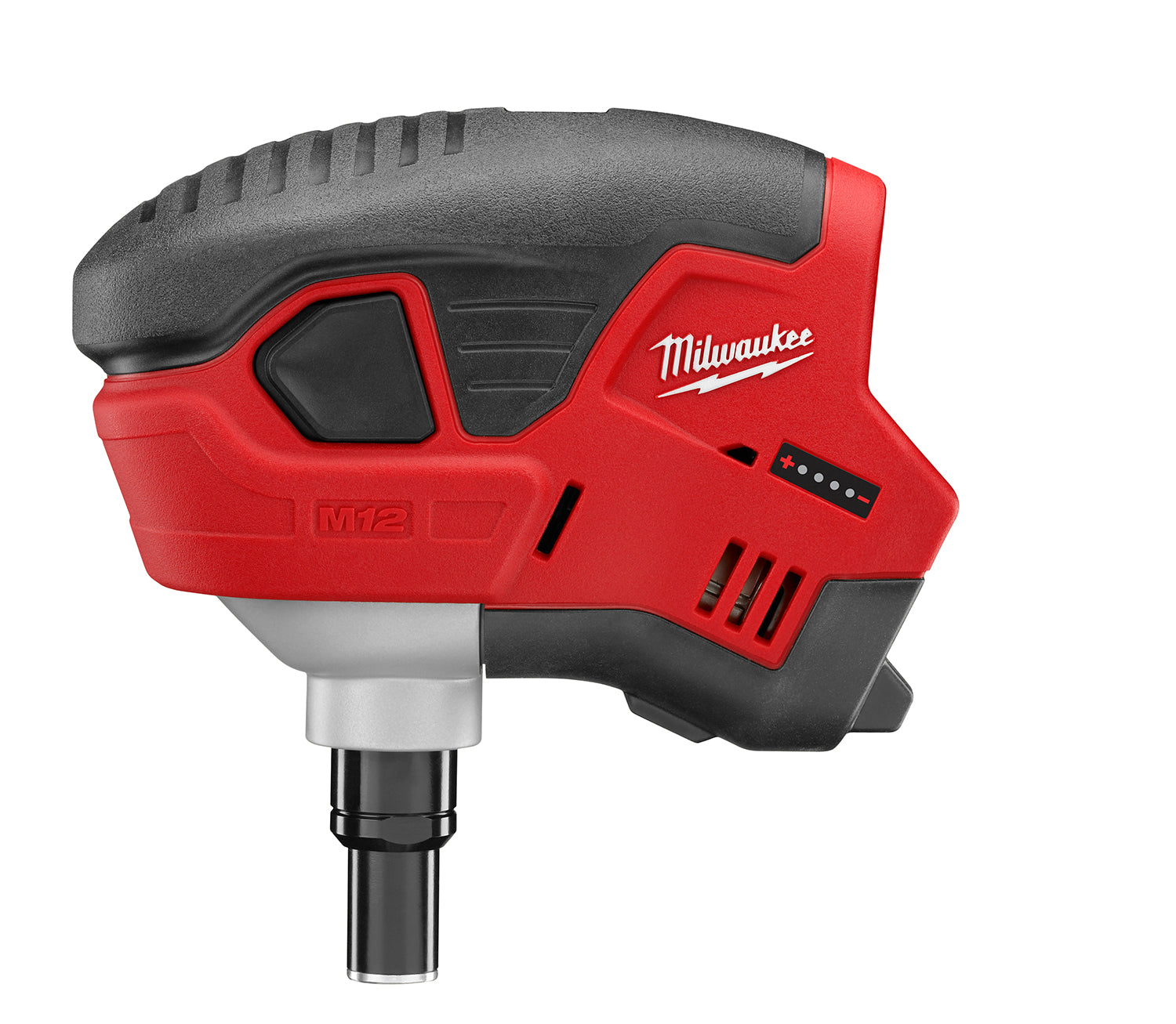 Red and black Milwaukee M12 cordless palm nailer with gray grip handle and battery indicator lights.