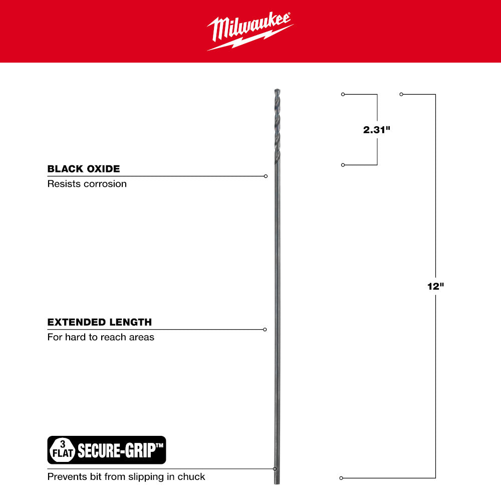Black oxide aircraft length drill bit with extended shaft and secure-grip flats, 3/16 inch diameter, 12 inches long.