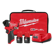 Red and black Milwaukee M12 FUEL impact driver kit with two batteries, charger, and carrying case.