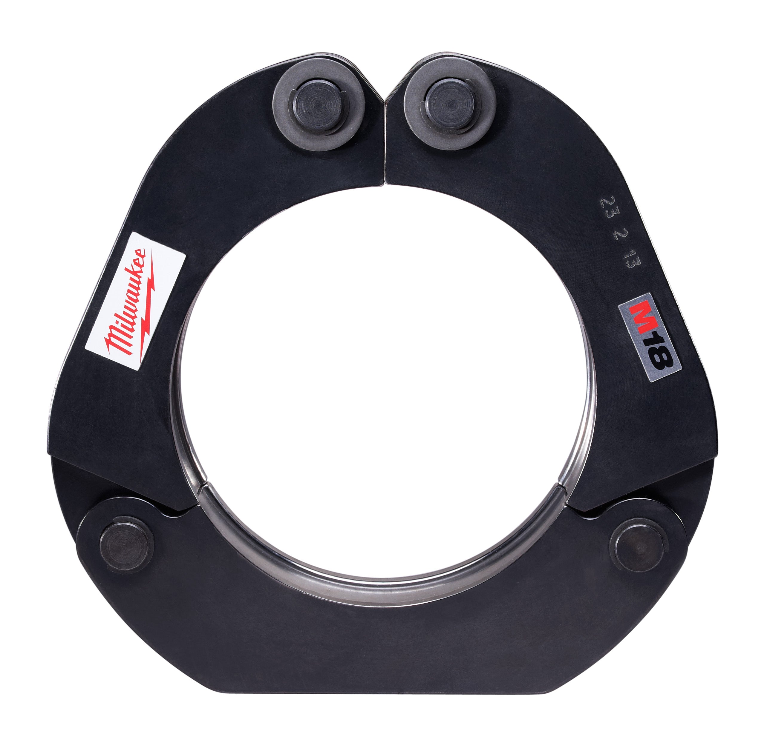 Black press ring with four gray button connectors and Milwaukee branding on the outer edges.
