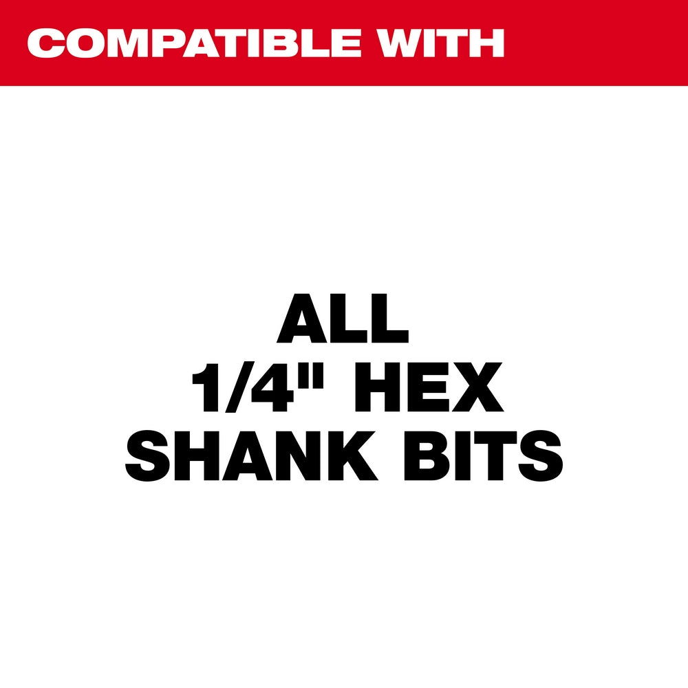 Black text on white background stating "Compatible with all 1/4" hex shank bits" with red banner at top.