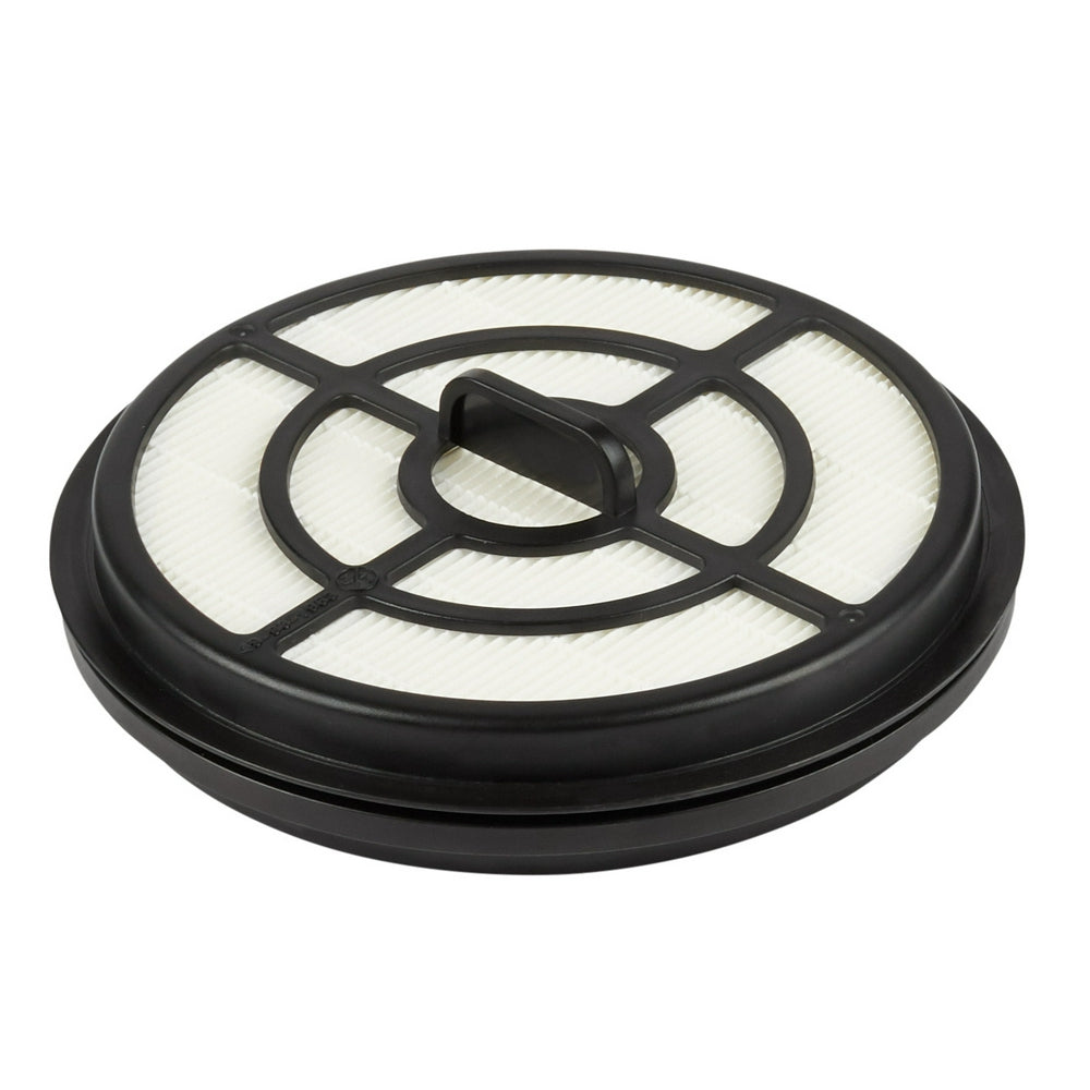 Circular HEPA filter with white pleated media sections separated by black plastic grid framework and center handle.