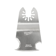 Milwaukee OPEN-LOK multi-cutter scraper blade with oval cutouts along top edge and curved notches at base.
