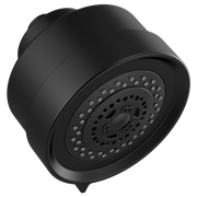 Matte black round showerhead with multiple spray jets and wall mount connection.