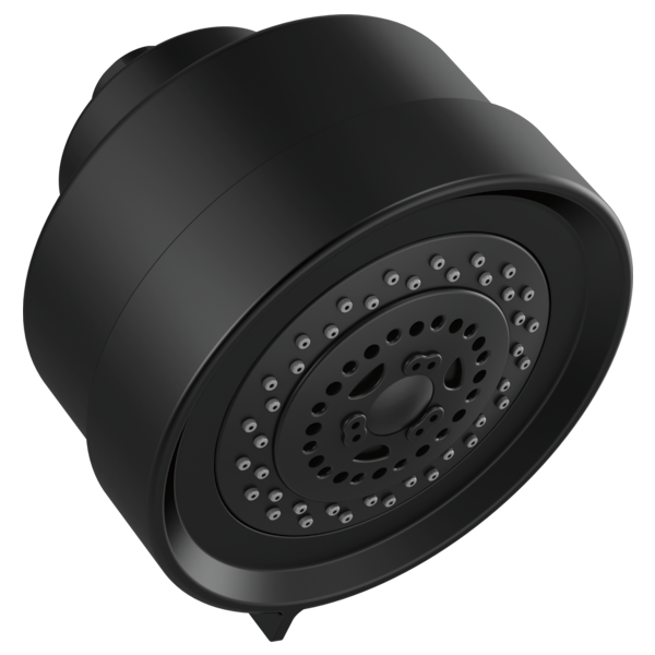Matte black round showerhead with multiple spray jets and wall mount connection.