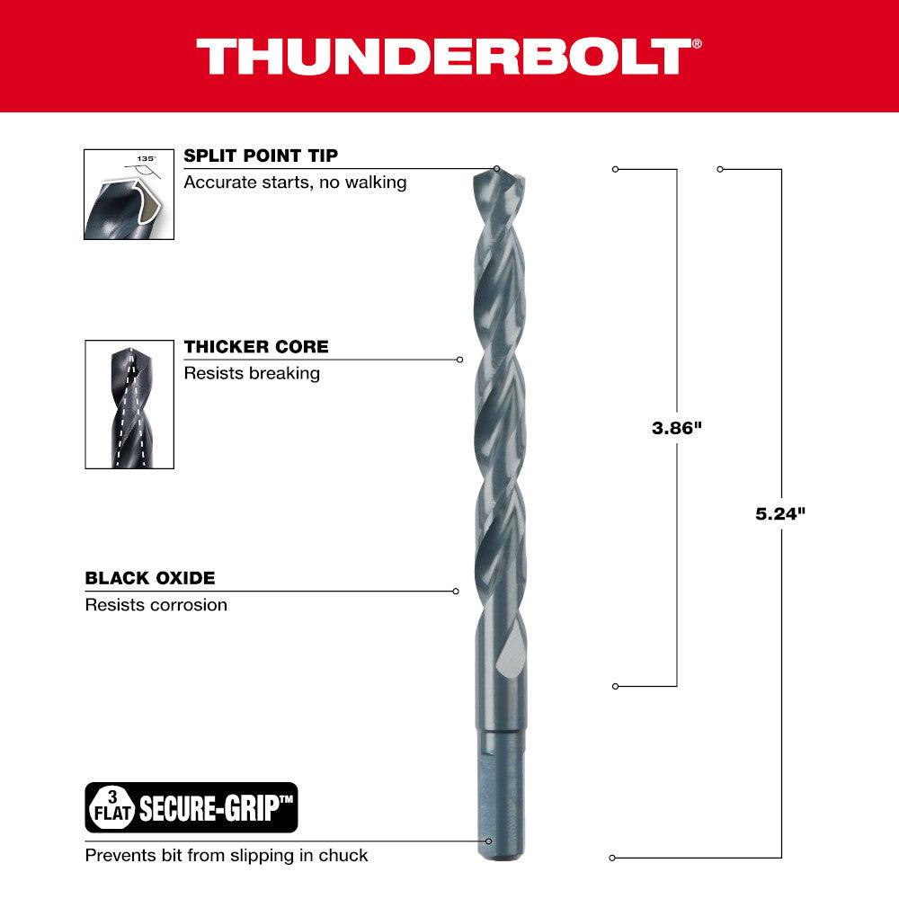 Black oxide twist drill bit with split point tip and secure-grip shank, 13/32 inch diameter, 5.24 inches long.