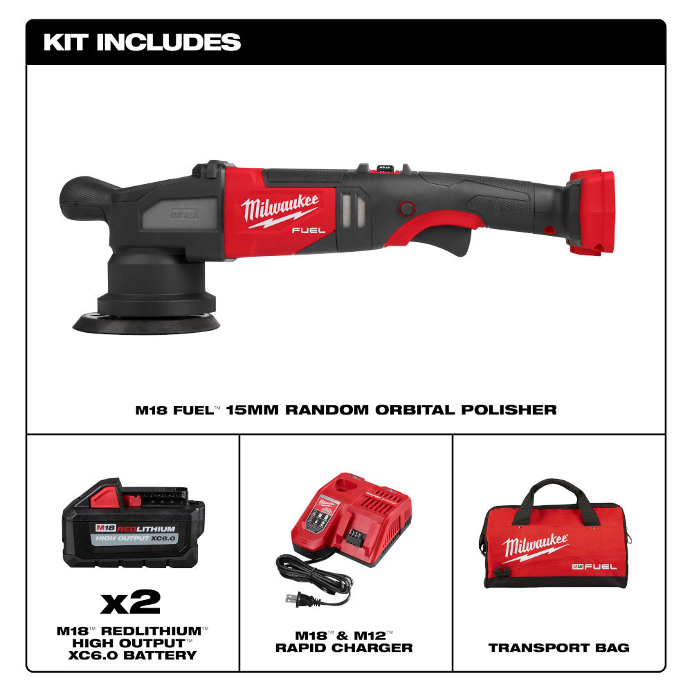 Milwaukee M18 FUEL 15mm random orbital polisher with red and black housing, two batteries, rapid charger, and red transport b