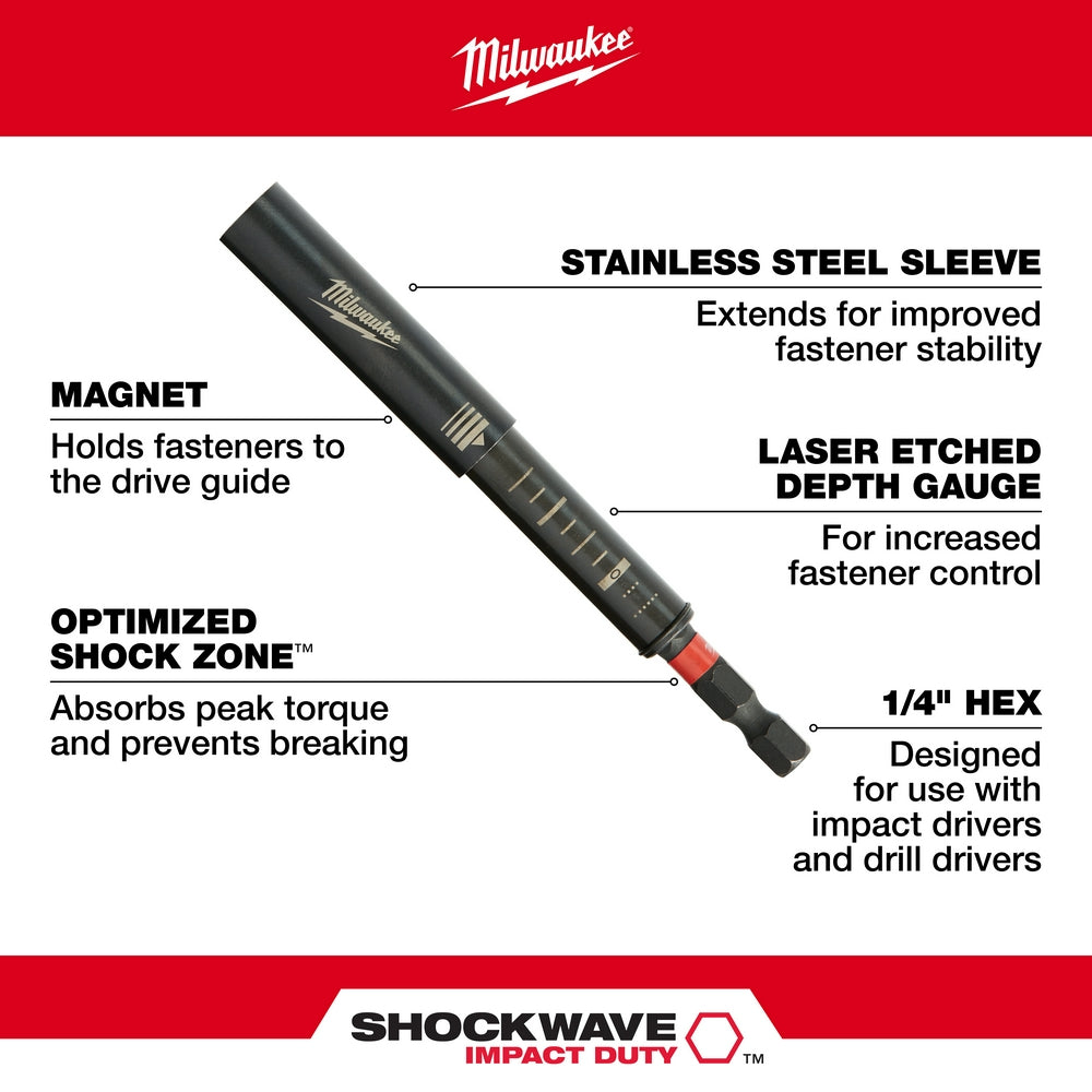 Black Milwaukee Shockwave 3-inch magnetic drive guide with stainless steel sleeve and laser-etched depth gauge markings.
