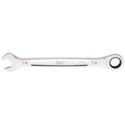 Milwaukee 1-1/4" ratcheting combination wrench with open end and round ratchet head, chrome finish.
