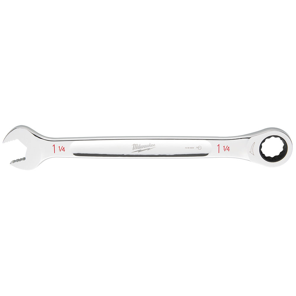 Milwaukee 1-1/4" ratcheting combination wrench with open end and round ratchet head, chrome finish.